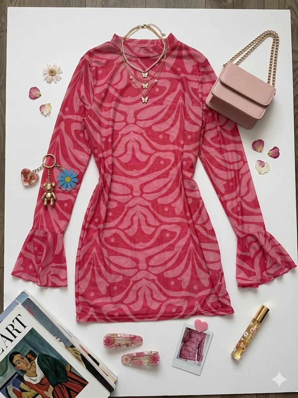 SHEIN CURVE 2XL Mesh Dress Pink & Fuchsia Wave Print - Y2K Style